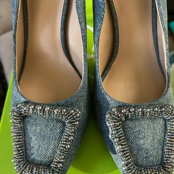 Sam Edelman Denim Pointed-Toe Beaded Stiletto Heels - Blue - Picture 2 of 7